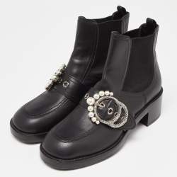 Miu Miu Black Leather Crystal Embellished Boots Size 39