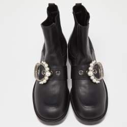 Miu Miu Black Leather Crystal Embellished Boots Size 39