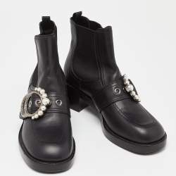 Miu Miu Black Leather Crystal Embellished Boots Size 39