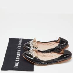 Miu Miu Black Patent Leathre Crystals Embellished Scrunch Ballet Flats Size 38