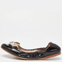 Miu Miu Black Patent Leathre Crystals Embellished Scrunch Ballet Flats Size 38