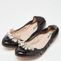 Miu Miu Black Patent Leathre Crystals Embellished Scrunch Ballet Flats Size 38