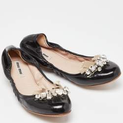 Miu Miu Black Patent Leathre Crystals Embellished Scrunch Ballet Flats Size 38