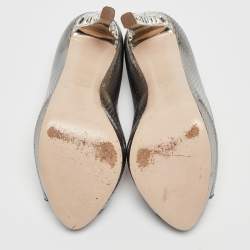 Miu Miu Silver Python Embossed Leather Crystal Embellished Heel Peep Toe Platform Pumps Size 36.5