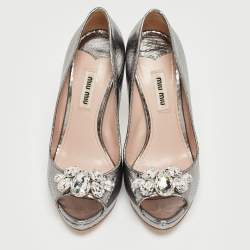 Miu Miu Silver Python Embossed Leather Crystal Embellished Heel Peep Toe Platform Pumps Size 36.5