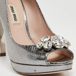 Miu Miu Silver Python Embossed Leather Crystal Embellished Heel Peep Toe Platform Pumps Size 36.5