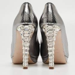 Miu Miu Silver Python Embossed Leather Crystal Embellished Heel Peep Toe Platform Pumps Size 36.5