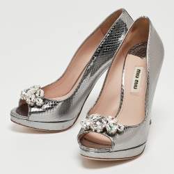 Miu Miu Silver Python Embossed Leather Crystal Embellished Heel Peep Toe Platform Pumps Size 36.5