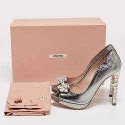 Miu Miu Silver Python Embossed Leather Crystal Embellished Heel Peep Toe Platform Pumps Size 36.5