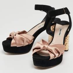 Miu Miu Black/Pink Suede and Satin Bow Crystal Embellished Heel Platform Ankle Strap Sandals Size 37