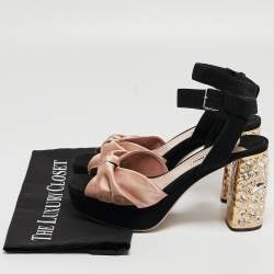Miu Miu Black/Pink Suede and Satin Bow Crystal Embellished Heel Platform Ankle Strap Sandals Size 37