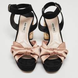 Miu Miu Black/Pink Suede and Satin Bow Crystal Embellished Heel Platform Ankle Strap Sandals Size 37