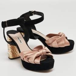 Miu Miu Black/Pink Suede and Satin Bow Crystal Embellished Heel Platform Ankle Strap Sandals Size 37