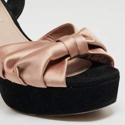 Miu Miu Black/Pink Suede and Satin Bow Crystal Embellished Heel Platform Ankle Strap Sandals Size 37