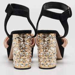 Miu Miu Black/Pink Suede and Satin Bow Crystal Embellished Heel Platform Ankle Strap Sandals Size 37