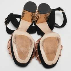 Miu Miu Black/Pink Suede and Satin Bow Crystal Embellished Heel Platform Ankle Strap Sandals Size 37