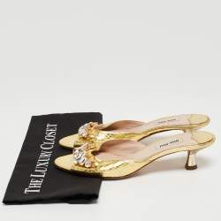 Pre Owned Miu Miu Gold Snakeskin Embossed Crystals Embellished Slide Sandals Size 38.5