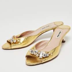 Pre Owned Miu Miu Gold Snakeskin Embossed Crystals Embellished Slide Sandals Size 38.5