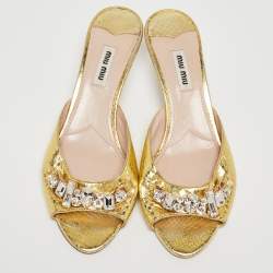 Pre Owned Miu Miu Gold Snakeskin Embossed Crystals Embellished Slide Sandals Size 38.5