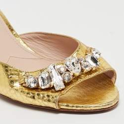 Pre Owned Miu Miu Gold Snakeskin Embossed Crystals Embellished Slide Sandals Size 38.5