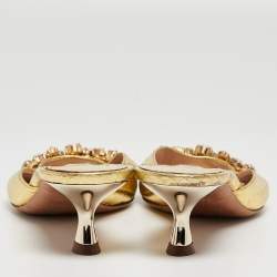 Pre Owned Miu Miu Gold Snakeskin Embossed Crystals Embellished Slide Sandals Size 38.5