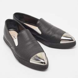 Pre Owned Miu Miu Black Leather Metal Cap Toe Logo Flats Size 37.5