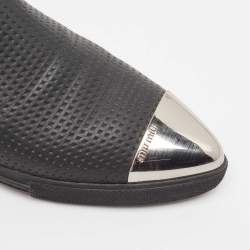 Pre Owned Miu Miu Black Leather Metal Cap Toe Logo Flats Size 37.5