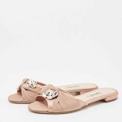 Miu Miu Light Pink Satin and Knotted Canvas Crystal Embellished Flat Slides Size 38.5