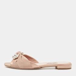 Miu Miu Light Pink Satin and Knotted Canvas Crystal Embellished Flat Slides Size 38.5