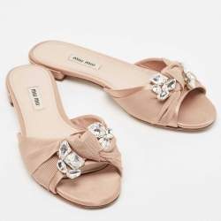 Miu Miu Light Pink Satin and Knotted Canvas Crystal Embellished Flat Slides Size 38.5