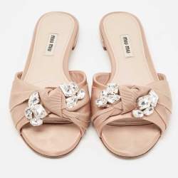 Miu Miu Light Pink Satin and Knotted Canvas Crystal Embellished Flat Slides Size 38.5