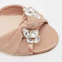 Miu Miu Light Pink Satin and Knotted Canvas Crystal Embellished Flat Slides Size 38.5