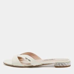 Miu Miu White Croc Embossed Leather Crystal Embellished Flat Slides Size 36