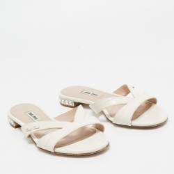 Miu Miu White Croc Embossed Leather Crystal Embellished Flat Slides Size 36