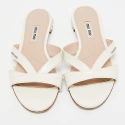 Miu Miu White Croc Embossed Leather Crystal Embellished Flat Slides Size 36