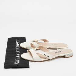 Miu Miu White Croc Embossed Leather Crystal Embellished Flat Slides Size 36