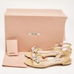 Miu Miu Beige Patent Crystal Embellished Ankle Strap Flats Size 36