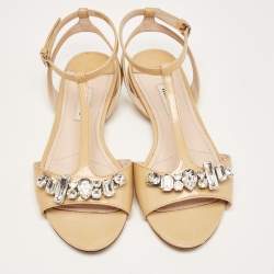 Miu Miu Beige Patent Crystal Embellished Ankle Strap Flats Size 36