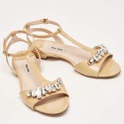 Miu Miu Beige Patent Crystal Embellished Ankle Strap Flats Size 36
