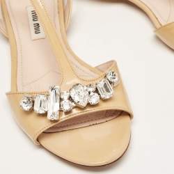 Miu Miu Beige Patent Crystal Embellished Ankle Strap Flats Size 36