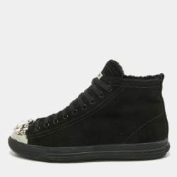 مملوكة مسبقًا Miu Miu Black Suede Crystal Embellished Cap Toe Sneakers Size 39