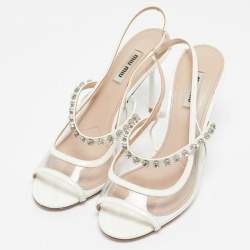 Miu Miu Cream Patent Leather Crystal Embellished Sandals Size 38.5