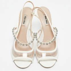 Miu Miu Cream Patent Leather Crystal Embellished Sandals Size 38.5