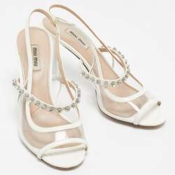Miu Miu Cream Patent Leather Crystal Embellished Sandals Size 38.5