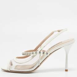 Miu Miu Cream Patent Leather Crystal Embellished Sandals Size 38.5