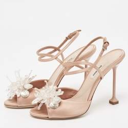 Miu Miu Beige Satin Crystal Embellished Ankle Strap Sandals Size 39