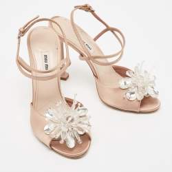 Miu Miu Beige Satin Crystal Embellished Ankle Strap Sandals Size 39