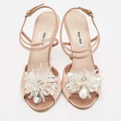 Miu Miu Beige Satin Crystal Embellished Ankle Strap Sandals Size 39