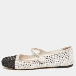Pre Owned Miu Miu White/Black Crystal Embellished Fabric Mary Jane Ballet Flats Size 40