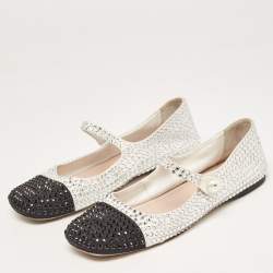 Pre Owned Miu Miu White/Black Crystal Embellished Fabric Mary Jane Ballet Flats Size 40